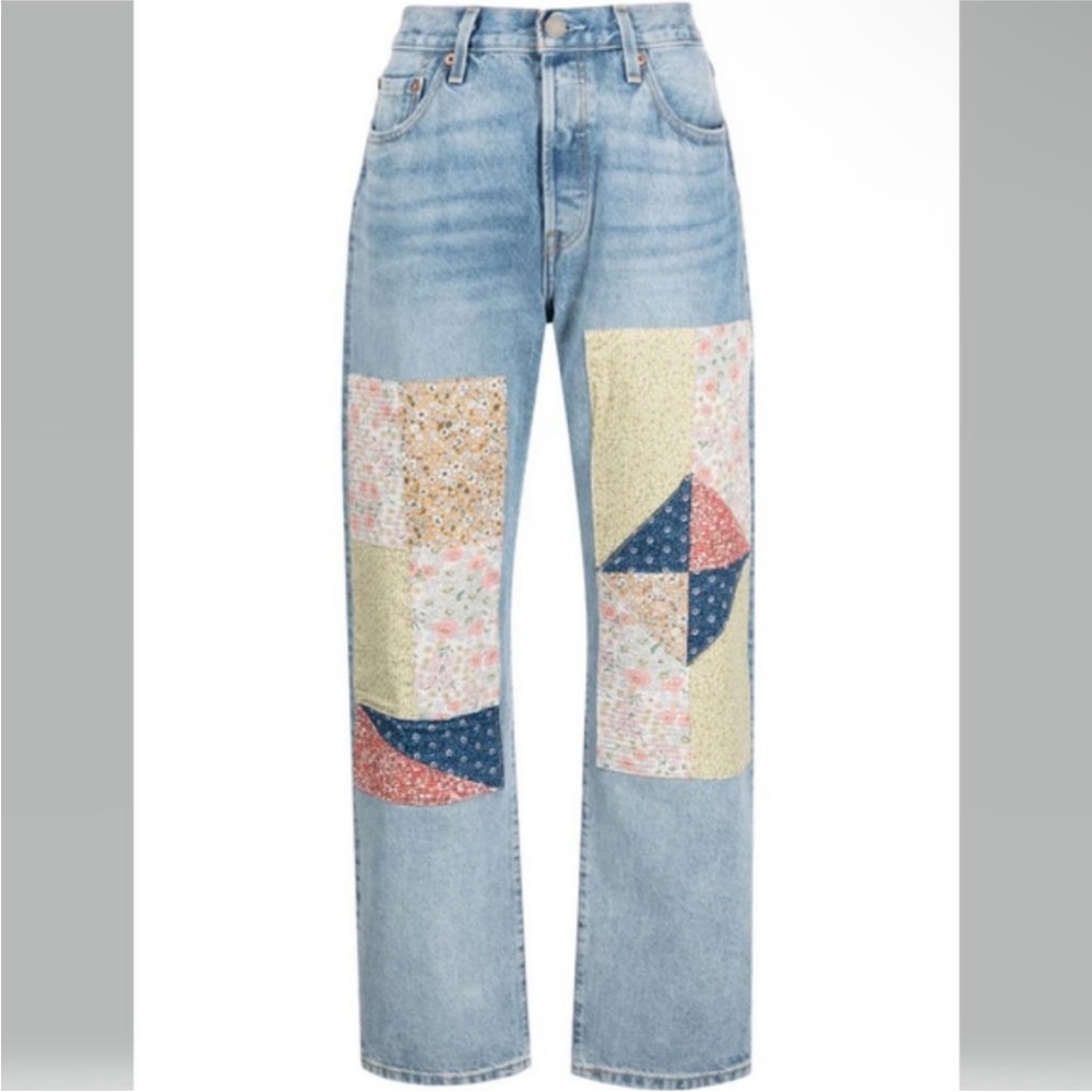 Levi's Straight Leg Patchwork Jeans - Blue and Cream